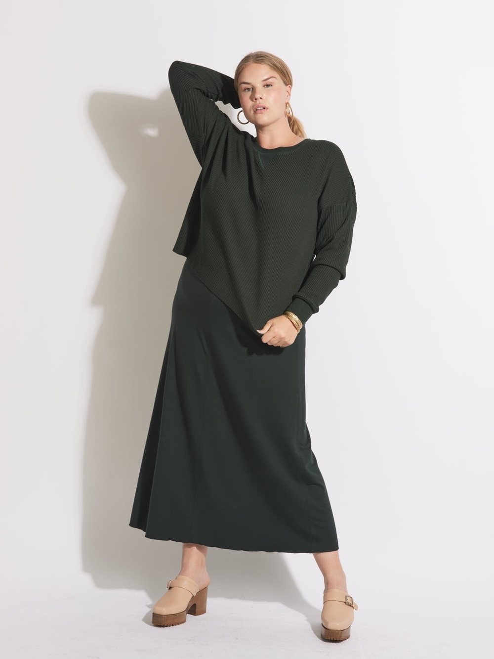 SOLIKA French Terry 'Nala Midi Skirt' in Forest Green